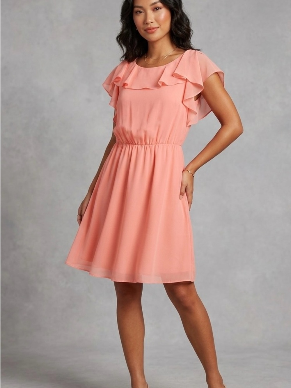 NWT H&M Ruffle-Sleeve Chiffon Mini Dress in Coral Pink - Picture 3 of 10